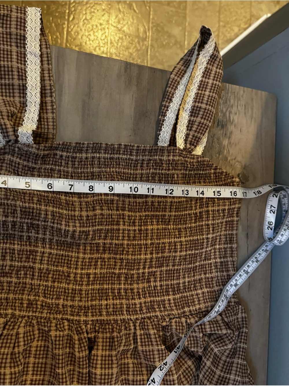 Cider Brown Gingham Midi Dress with Square Neck and Trim - Picture 5 of 6